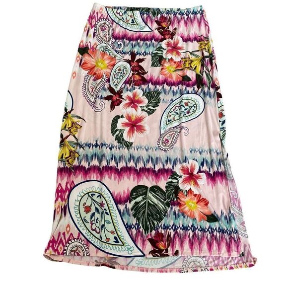 NEW Chicos Ikat Tropical Maxi Skirt Womens Size 2 US 10/12 Large Pull On Elastic - Picture 2 of 8